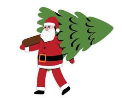 Santa carrying a Christmas tree. Flat style vector illustration isolated on white. New Year decoration element.