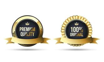 3d gold and black premium quality badge. Realistic premium warranty badge with ribbon vector