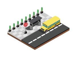 composición de transporte isométrica con autobús cerca de la parada en la ilustración de vector 3d de fondo azul. adecuado para diagramas, infografías y otros recursos gráficos