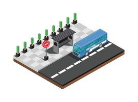 composición de transporte isométrica con autobús cerca de la parada en la ilustración de vector 3d de fondo azul. adecuado para diagramas, infografías y otros recursos gráficos