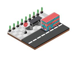 composición de transporte isométrica con autobús cerca de la parada en la ilustración de vector 3d de fondo azul. adecuado para diagramas, infografías y otros recursos gráficos