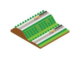 línea de tren isométrica vectorial moderna. el tren de carga corre sobre los rieles en la colina al lado de la carretera. adecuado para diagramas, infografías y otros recursos gráficos vector