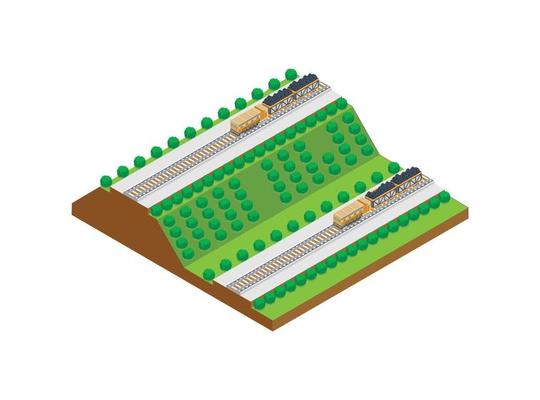 Modern Vector isometric train line. The cargo train runs on the rails on the hill beside the highway.  Suitable for Diagrams, Infographics, And Other Graphic assets