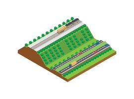 línea de tren isométrica vectorial moderna. el tren de carga corre sobre los rieles en la colina al lado de la carretera. adecuado para diagramas, infografías y otros recursos gráficos vector