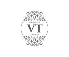VT Initials letter Wedding monogram logos collection, hand drawn modern minimalistic and floral templates for Invitation cards, Save the Date, elegant identity for restaurant, boutique, cafe in vector