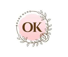 Initial OK feminine logo. Usable for Nature, Salon, Spa, Cosmetic and Beauty Logos. Flat Vector Logo Design Template Element.