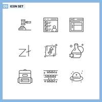 Pictogram Set of 9 Simple Outlines of zloty web app page development Editable Vector Design Elements