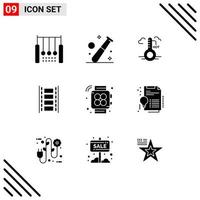 9 User Interface Solid Glyph Pack of modern Signs and Symbols of filmstrip film gym animation weather Editable Vector Design Elements