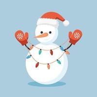 Cheerful snowman in Santa Claus hat and mittens holds garland with colorful light bulbs. Greeting card for Christmas, New Year. Winter design. Cute cartoon character. Vector illustration