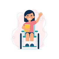 Cute smiling girl in wheelchair. Child with disabilities. Concept of education, training and social adaptation of people with disabilities. Equal opportunities. Inclusivity. Vector illustration