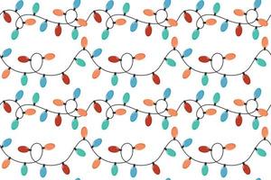 Festive Garlands with colorful light bulbs. Seamless pattern. Design for gift wrapping, textiles, wallpaper. Festive decoration for website, social networks. New Year's background. Vector illustration