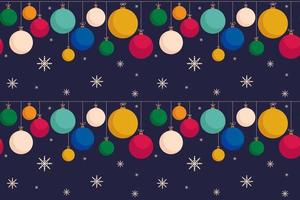 Seamless pattern of hanging multicolored Christmas balls on dark background. Garland of Christmas tree toys. Design for gift wrapping, textiles, wallpaper. New Year's background. Vector illustration