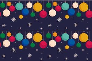 Seamless pattern of hanging multicolored Christmas balls on dark background. Garland of Christmas tree toys. Design for gift wrapping, textiles, wallpaper. New Year's background. Vector illustration