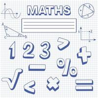 Cover of school notebook for math. Notebook sheet in cage with mathematical symbols, formulas, graphs, numbers. Maths symbols icon set. Back to school. Educational or scientific poster. Vector