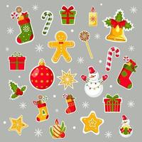 Christmas stickers. Set of festive items. Colorful icons. New Year and Christmas elements. Gifts, gingerbread, Christmas toys, Santa Claus sock, candy, candles, bells. Vector illustration