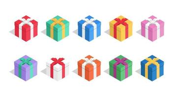 Vector set of isometric holiday boxes with ribbons. Isolated colorful presents with shadors on white background.