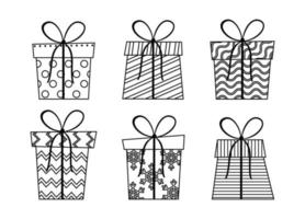 Vector linear set of gift boxes isolated on white background. Collection of outline presents for coloring page