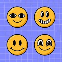 Vector groovy smile faces collection. Cartoon emoji set in 80s style on checkered violet backdrop