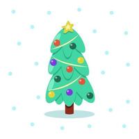 Vector Christmas tree in cartoon style. Decorated symbol of the Christmas and New year holidays. Isolated flat element