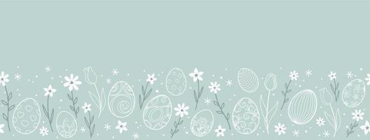 Easter Vector Background Illustration With Easter Eggs, Flowers, And A Text Space On A Blue Background. Horizontally Repeatable.