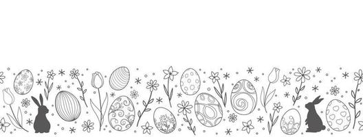 Easter Vector Background Illustration With Easter Bunnies, Eggs, Flowers, And A Text Space On A White Background. Horizontally Repeatable.