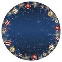 Abstract Vector Round Frame Illustration With Christmas Balls And Luminous Blue Background Isolated On A White Background.