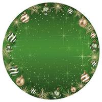 Abstract Vector Round Frame Illustration With Christmas Balls And Luminous Green Background Isolated On A White Background.