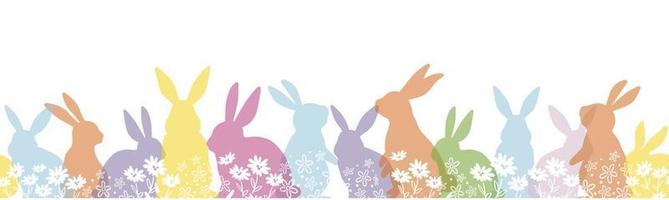 Happy Easter Vector Seamless Background With Colorful Easter Bunny Silhouette Isolated On A White Background. Horizontally Repeatable.