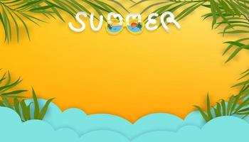 Summer scene background,Flat lay coconut palm branches on yellow background with paper cut tropical beach with copy space.Top view horizon with wide composition concept for Summer Vacation,Travel,Sale vector