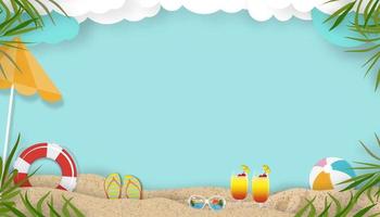 fondo de escena de verano con tema de vacaciones de vacaciones en la playa con capa de onda rosa y espacio de copia, corte de papel de vista superior vectorial de diseño de verano tropical, hojas de palma y nubes sobre fondo de cielo azul vector