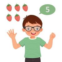 Cute little boy counting with finger showing number five with hand gesture vector