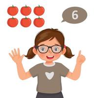 Cute little girl counting with finger showing number six with hand gesture vector