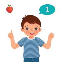 Cute little boy counting with finger showing number one with hand gesture vector