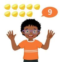 Cute little African boy counting with finger showing number nine with hand gesture vector