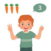 Cute little boy counting with finger showing number three with hand gesture vector