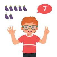 Cute little boy counting with finger showing number seven with hand gesture vector