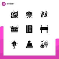 Modern Set of 9 Solid Glyphs and symbols such as passport day painting briefcase surfing Editable Vector Design Elements