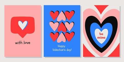 conjunto de tarjetas de felicitación del día de san valentín. corazón de dibujos animados de moda dibujado a mano, letras de amor. ilustración vectorial vector