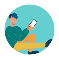 A young man is locked in a circle of dependence on the phone. Flat vector illustration.