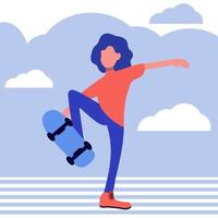 A girl performs a trick with a skateboard. The concept of a healthy lifestyle. Vector flat illustration.