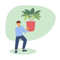 A man holds a houseplant in his hands. The concept of caring for indoor plants. Vector flat design illustration.