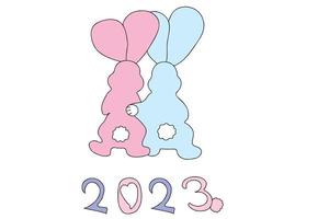 The picture shows pink and blue rabbits hugging each other with their backs turned. It is intended for New Year's, Christmas, Valentine's Day, March 8, clothing printing, and you can use vector