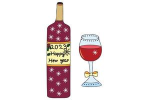 la imagen muestra vino tinto y una copa de vino llena de vino, está pensada para año nuevo, vacaciones de navidad, tarjetas, impresión y puede usarla en diferentes casos. vector