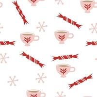 Christmas seamless pattern with cups, candy and snowflakes. Holiday winter square pattern. White background. Cute illustration. Winter New Year wallpaper vector