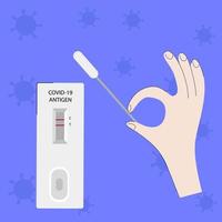 Covid-19 Antigen Test Kit ATK and hand. Background with corona virus molecules vector