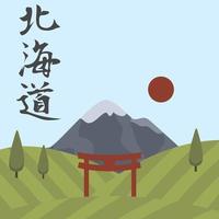 paisaje de hokkaido con montañas y campos de arroz. caligrafía japonesa hokkaido. ilustración vectorial vector