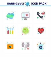 9 Flat Color Coronavirus Covid19 Icon pack such as  test tubes lab record experiment on viral coronavirus 2019nov disease Vector Design Elements