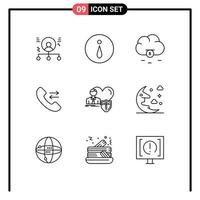 Group of 9 Outlines Signs and Symbols for protect family cloud insurance call Editable Vector Design Elements