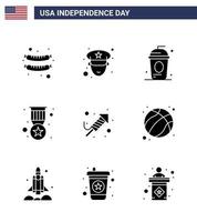 Happy Independence Day USA Pack of 9 Creative Solid Glyphs of festival fire work drink military badge Editable USA Day Vector Design Elements