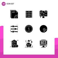 Set of 9 Vector Solid Glyphs on Grid for toggle switch off storage design element digital Editable Vector Design Elements